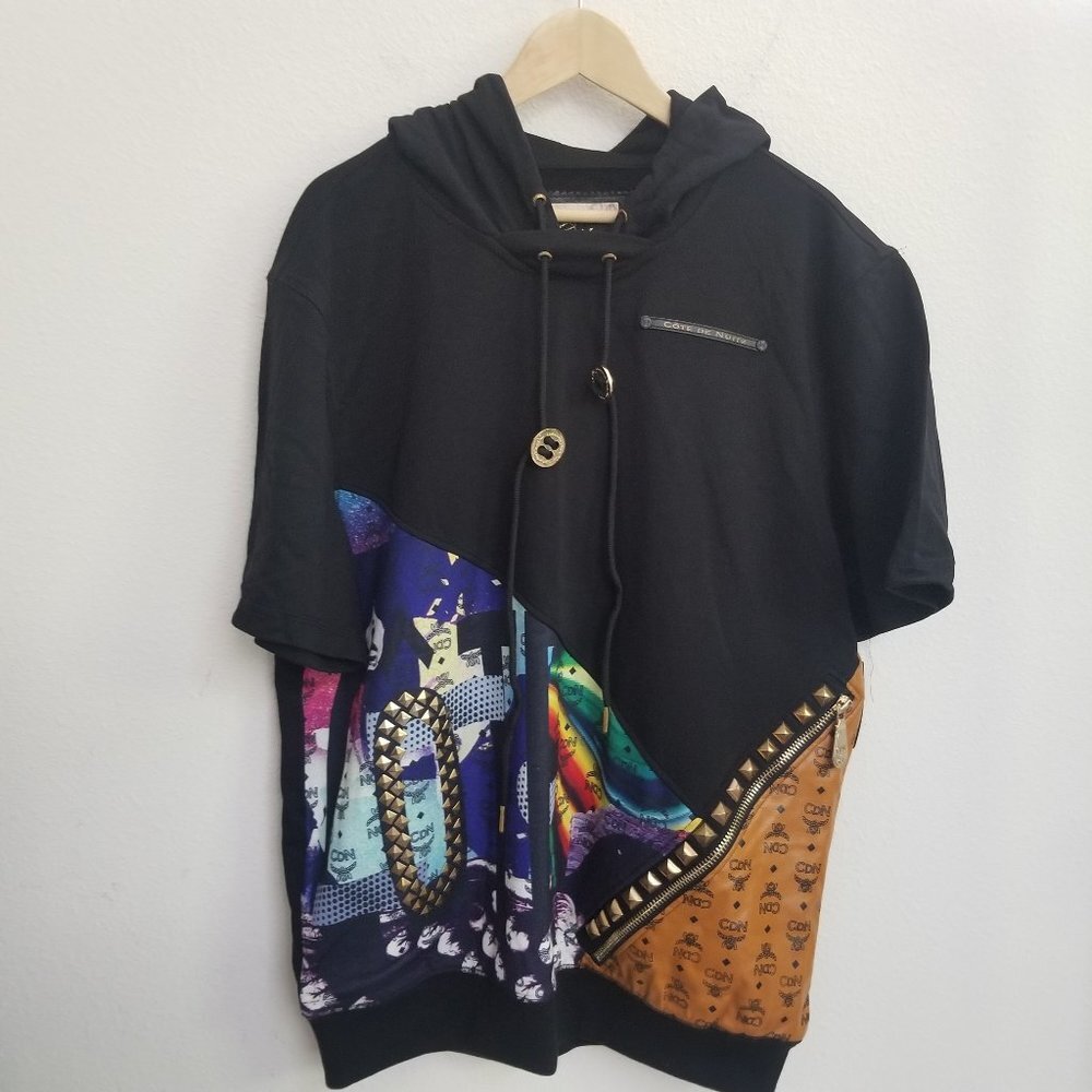 Cote de Nuits Short Sleeve Hooded Top Faux Leather Studded Pullover NWT 2X - Picture 3 of 11